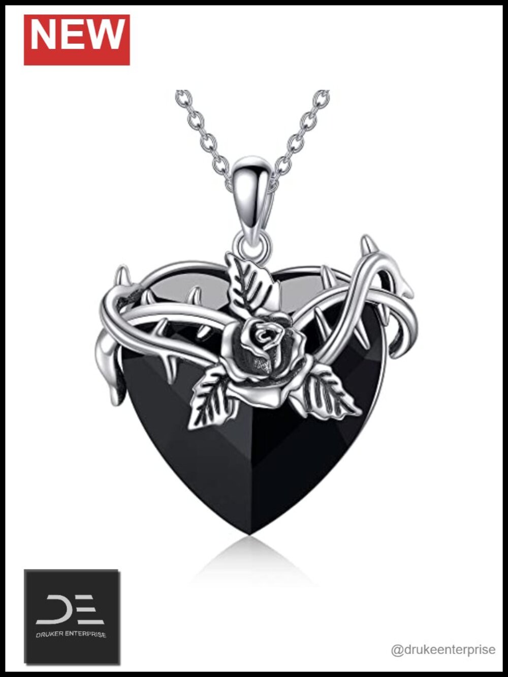 925 Sterling Silver Black Heart Crystal Rose Pendant Necklace